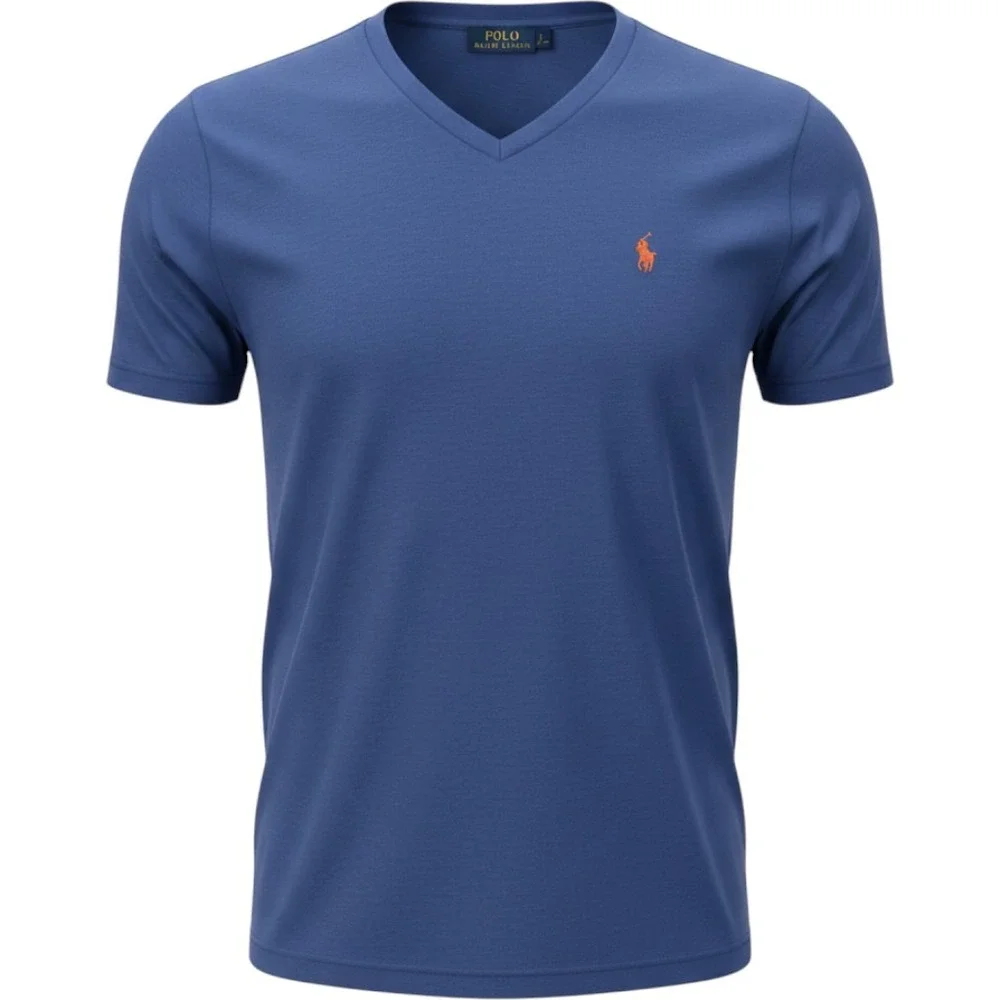 Polo Ralph Lauren V-Neck T-Shirt Medium Blue Classic Fit Orange Pony Cotton Tee